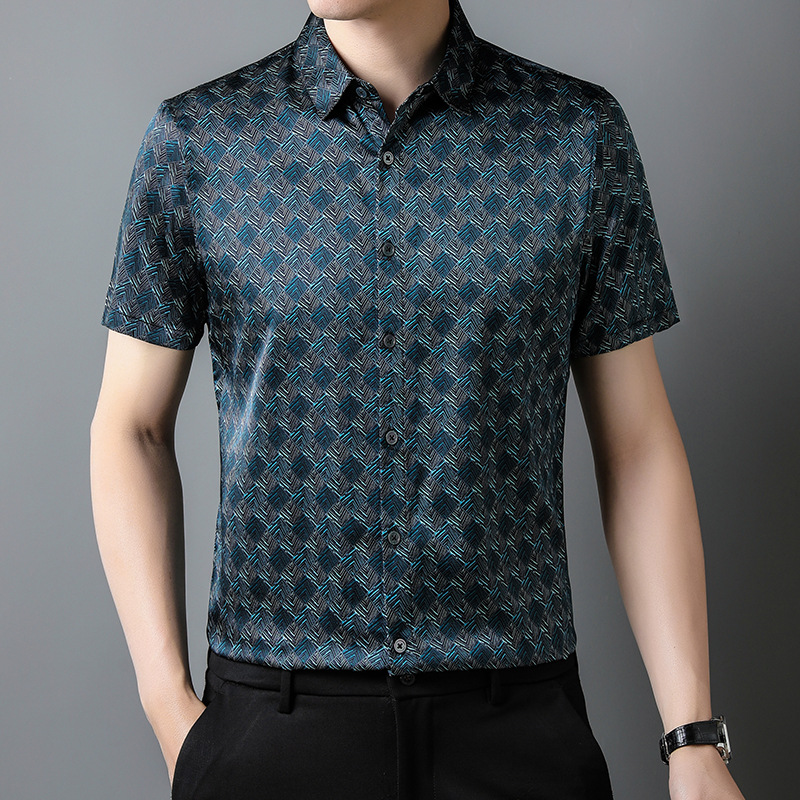 高端正品100%桑蚕丝印花男士短袖衬衫中年大码高档品质免烫衬衣夏