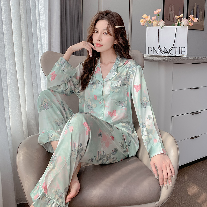 新款睡衣女士冰雪丝春秋薄款长袖长裤宽松日系甜美开衫家居服套装