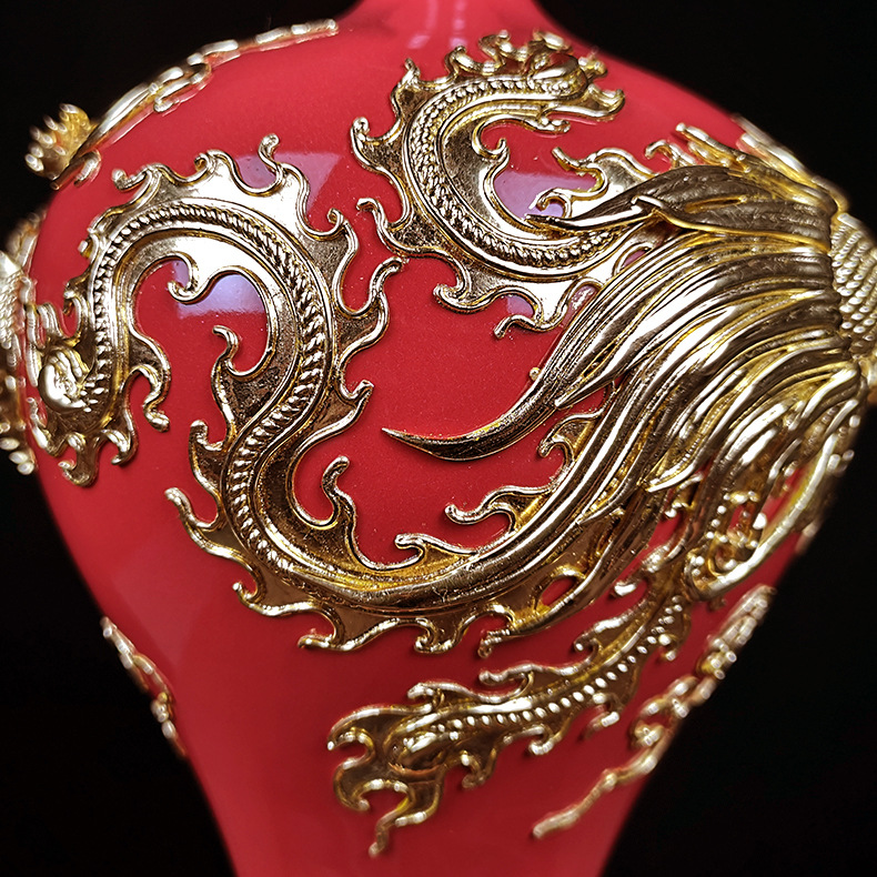 漆线雕厂家批发中国红龙凤呈祥陶瓷摆件婚庆装饰赠送好礼品