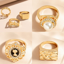 欧美宫廷风复古戒指金色人头像指环镶钻复古时尚个性珍珠戒指批发