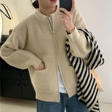 针织开衫女2023秋季韩版圆领显瘦纯色双拉链短款小个子毛衣外套潮