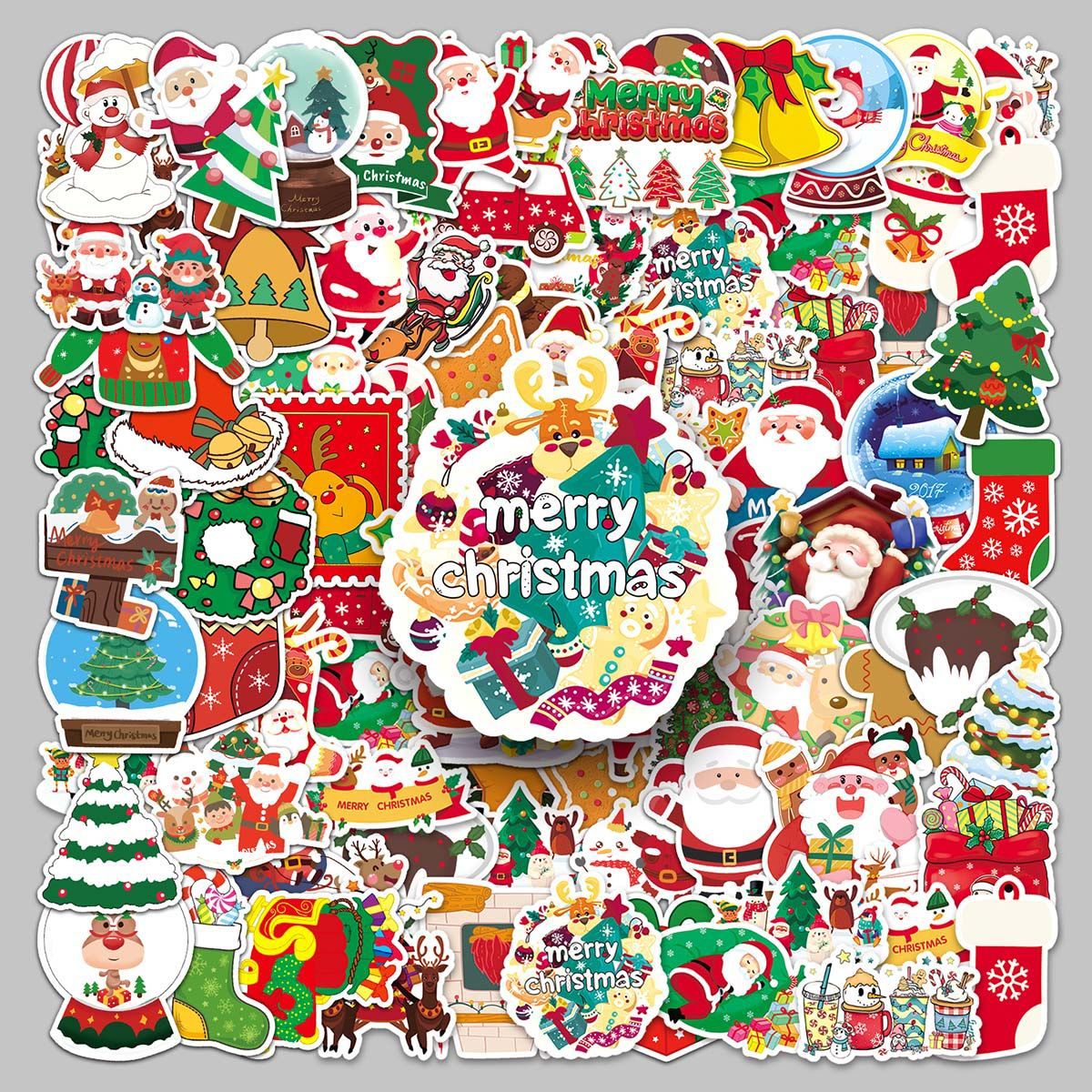 102张卡通圣诞节涂鸦贴画可爱圣诞老人麋鹿创意平板咕卡装饰贴纸