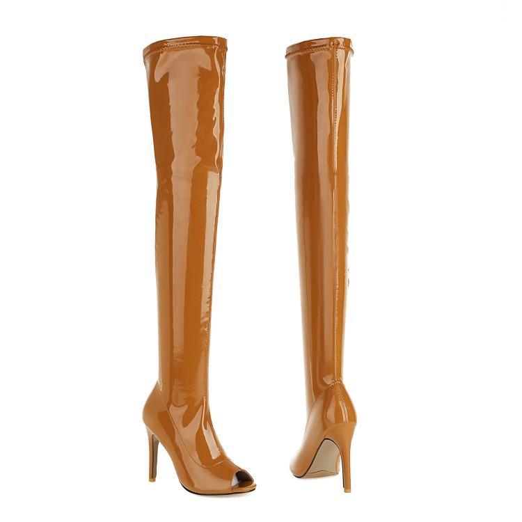 鱼嘴漆皮过膝长靴性感靴子女夏夜店超高跟长筒靴钢管舞高跟鞋大码