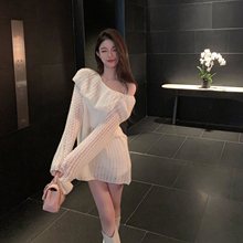 FairyJiang新款慵懒风软糯镂空露肩白色毛衣女宽松气质针织衫外套
