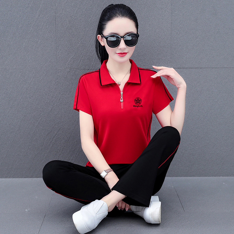 红色运动套装女夏季2024新款时尚大码冰丝休闲服薄款显瘦夏两件套