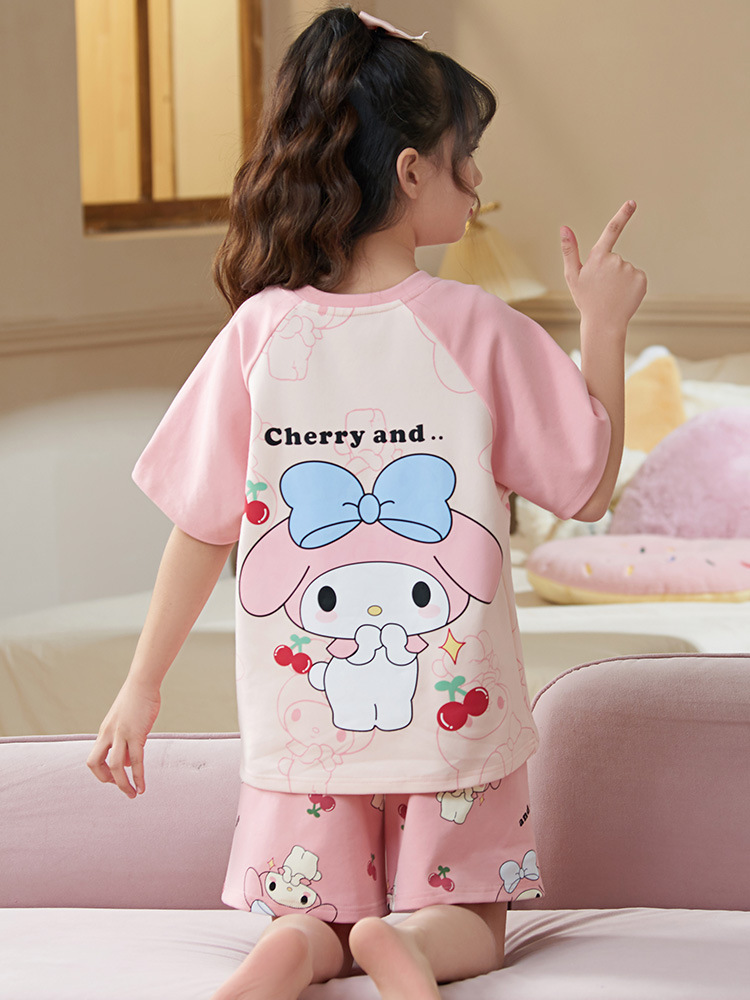 Girls' Pajamas Summer Cotton Short Sleeve Thin 2024 New Children Girls' Summer Medium and Large Children's Set Homewear