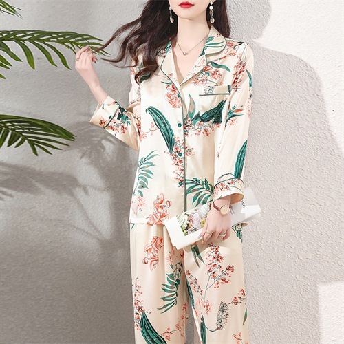 真丝睡衣女春长袖两件套印花重磅桑蚕丝简约休闲宽松高级感家居服