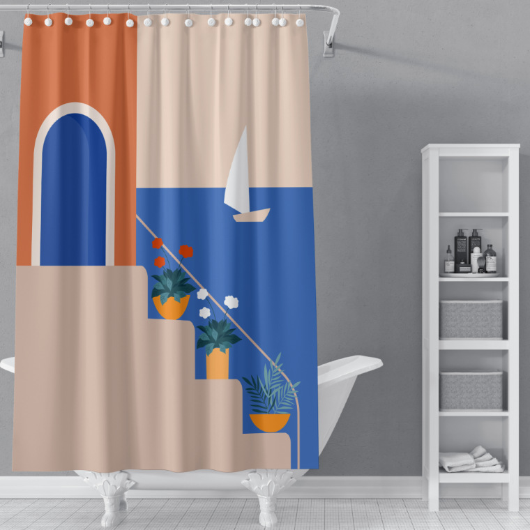 [muqing] new 2023 morandi color shower curtain abstract wind partition curtain printed polyester waterproof shower curtain