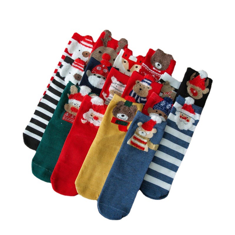 Christmas Stockings Boxed Cartoon Socks Red Gift Box Mid-Calf Female Cotton Socks Natal Year Socks Women's Autumn and Winter Three-Dimensional Women's Socks