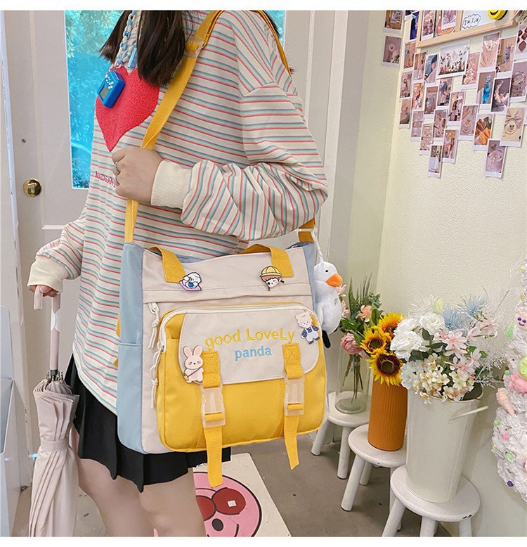 Japanese Ins Style Vintage Style Versatile Artistic Casual Embroidered Letters Contrast Color Girl Student Class Bag Messenger Bag