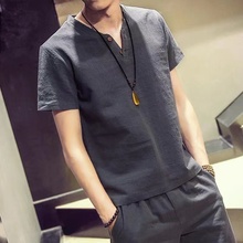 2件装夏季亚麻短袖T恤麻料v领中式潮流半截袖中国风男装欧巴贸易