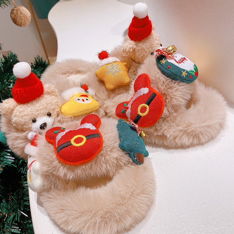 Hd12137a12 Korean Style Christmas New Year Red Net Red Autumn and Winter Doll Plush Slippers Sweet Home Flat Shoes