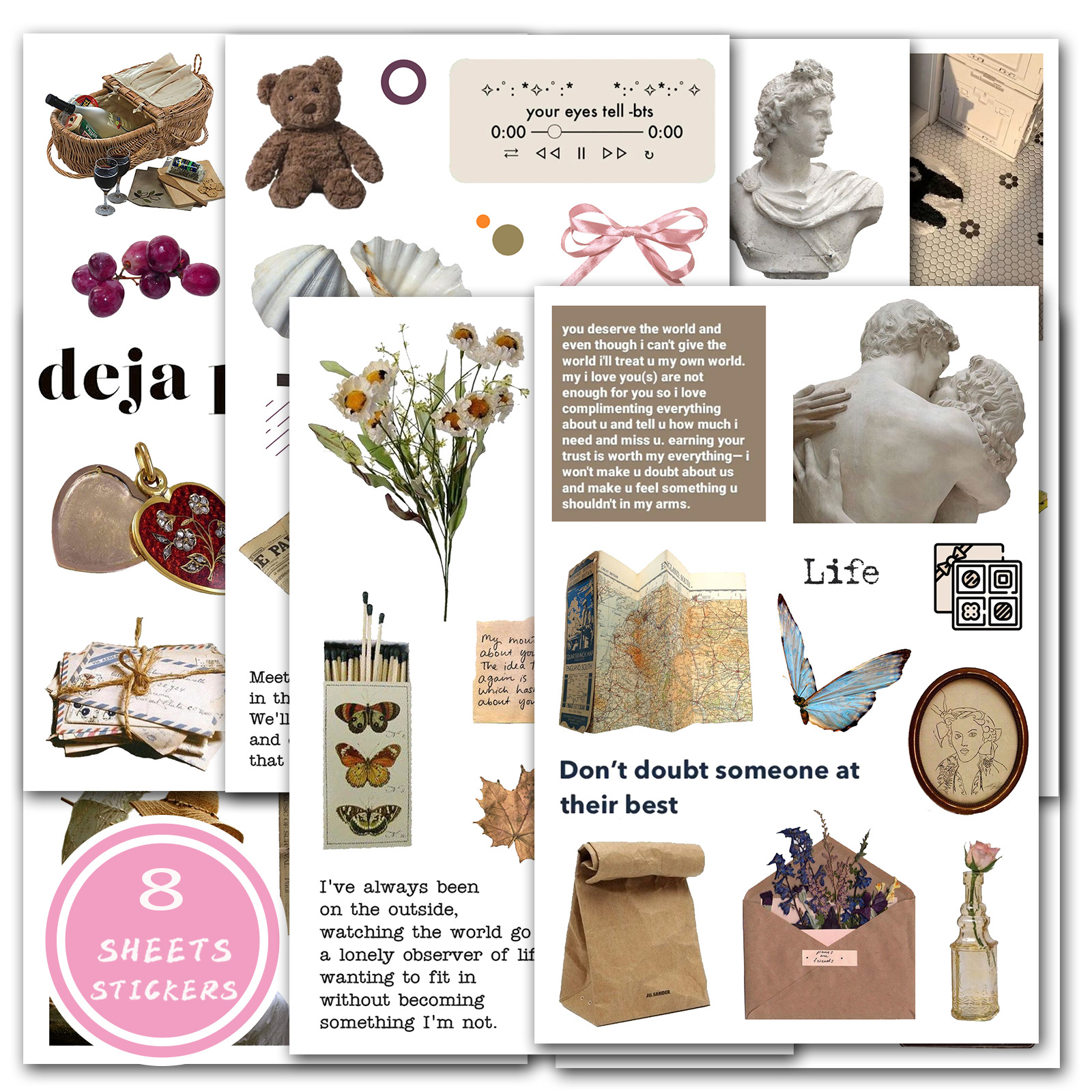 8张韩系ins风膜切贴纸复古杂谈少女心手帐咕卡装饰贴画素材亚马逊