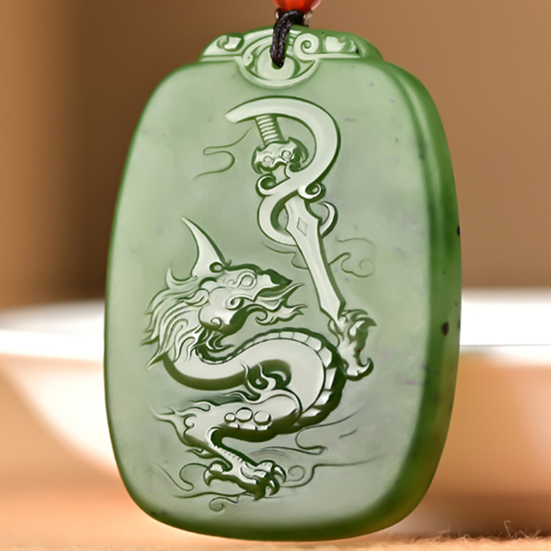和田玉碧玉府上有龙玉吊坠玉石古龙牌玉坠龙斧挂件玉佩项链玉石