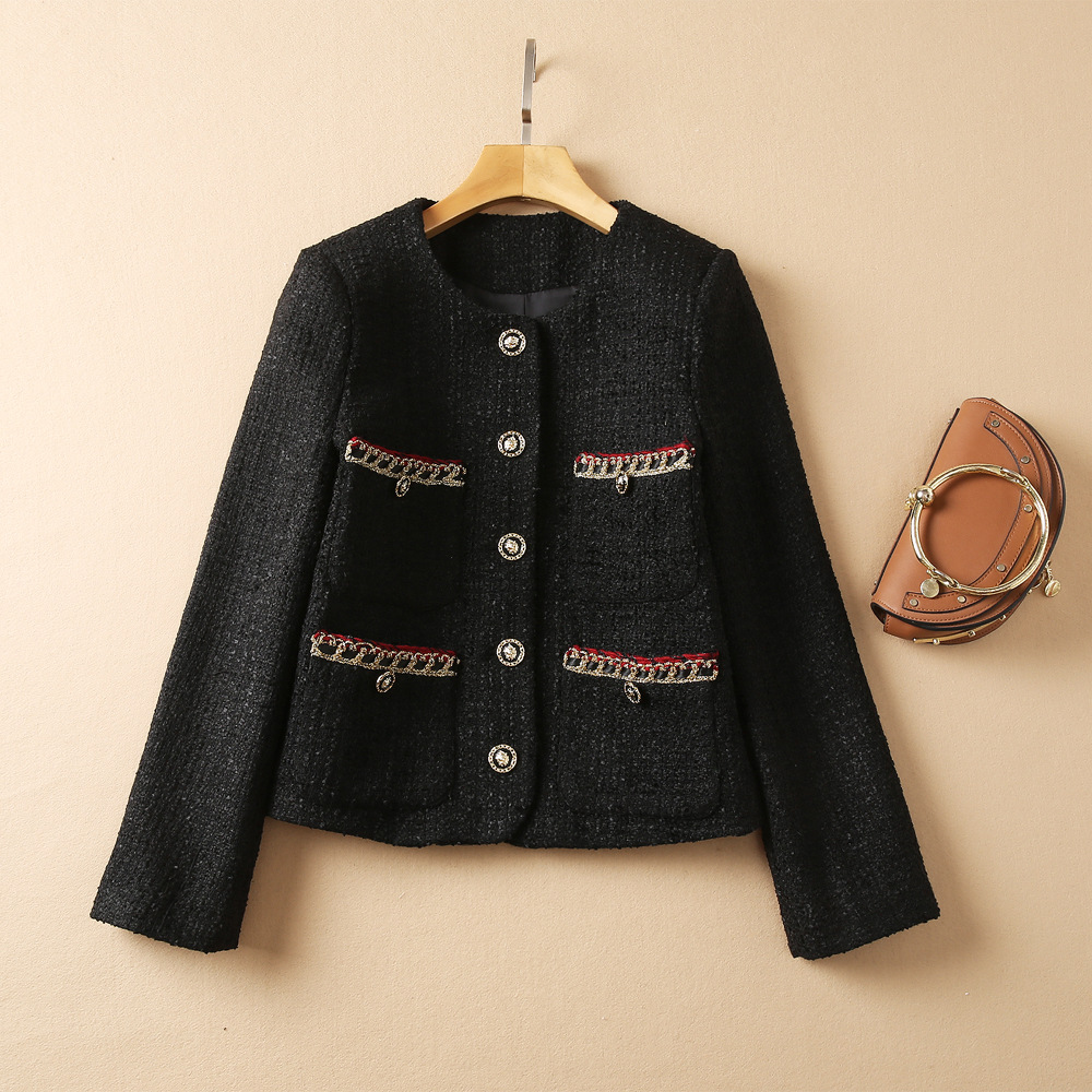 韩版女装2021秋冬季新款名媛风黑色粗毛呢显瘦单排扣长袖开衫外套