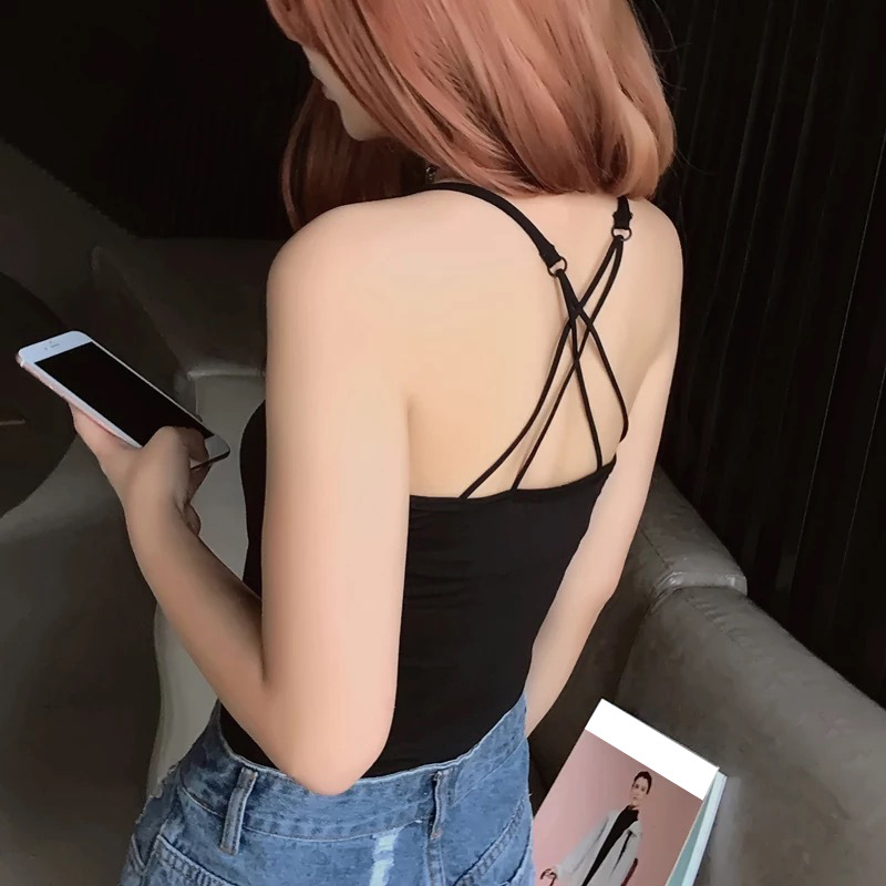 新款后背镂空交叉降落伞纯色修身莫代尔吊带背心打底女性感小吊带