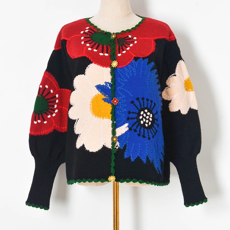 秋冬新款圆领撞色大花朵邹菊扣复古针织毛衣开衫女式g101133
