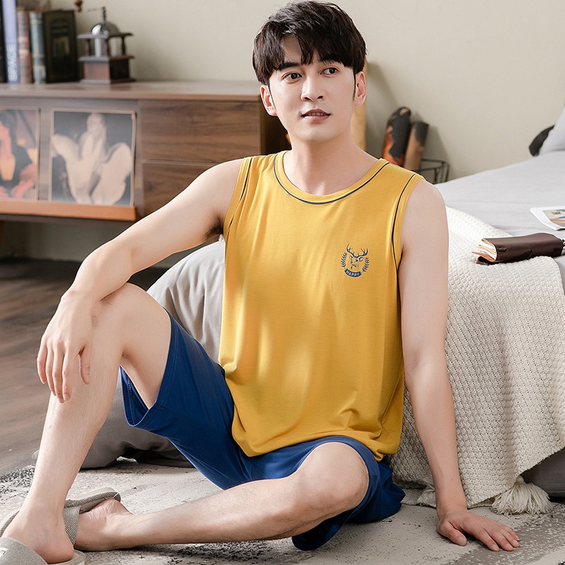 莫代尔睡衣男夏季棉绸凉感背心冰丝家居服夏天男士套装青少年大码