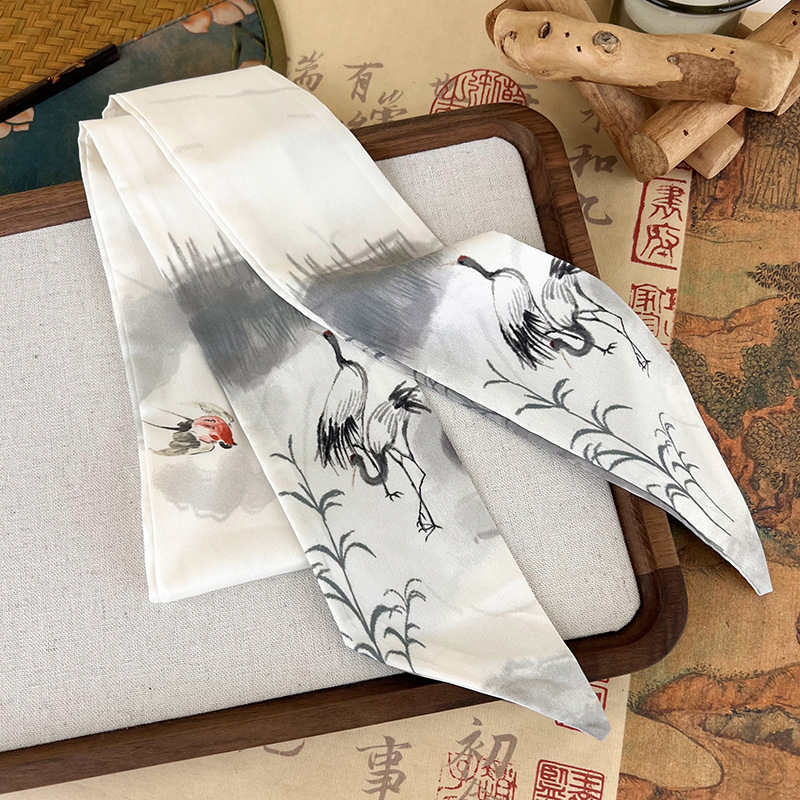 an Ink Painting of Bamboo White Crane New Chinese Style Antique Hair Band Long Silk Scarf Female Hair Accessories Ink Painting Chinese Style Lace Scarf Belt