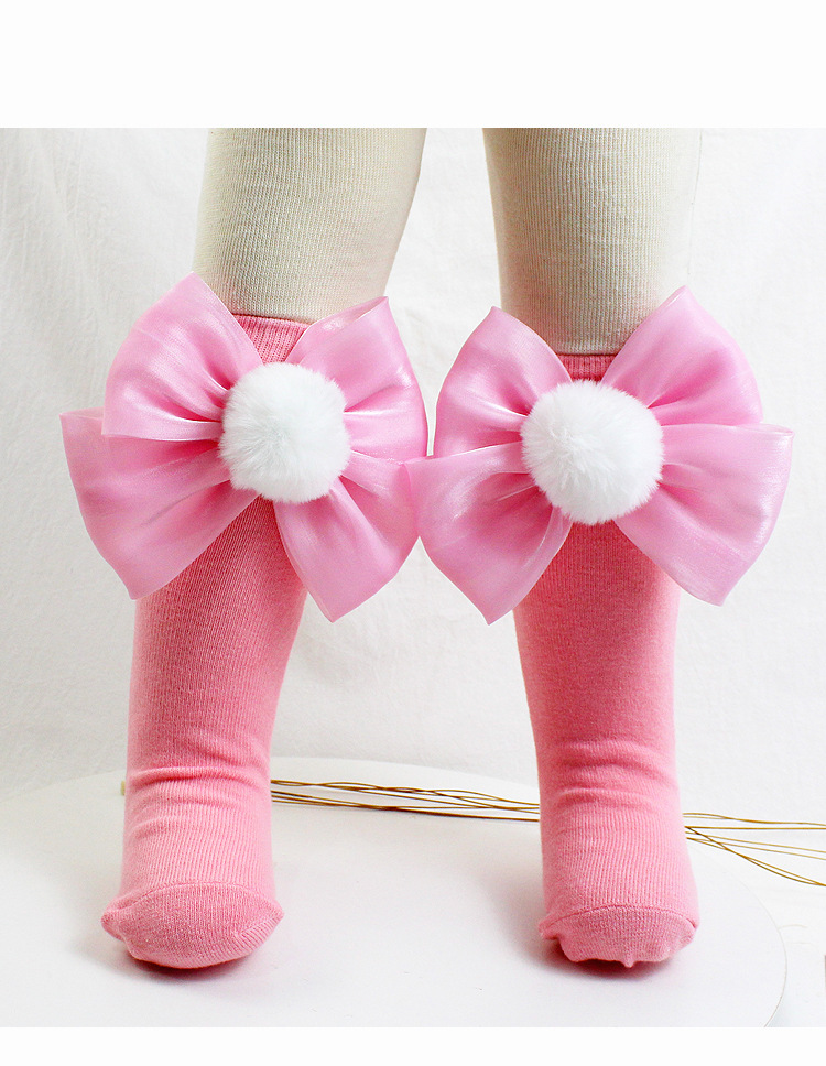 女童春秋长筒袜可爱公主lolita洛丽塔新年红毛球蝴蝶结过膝高筒袜