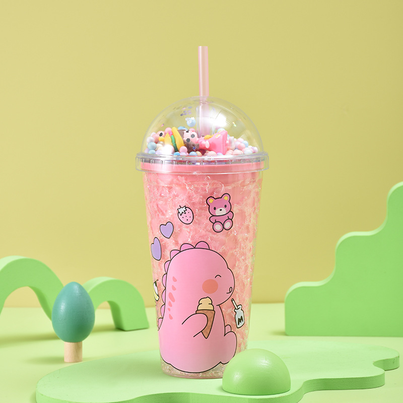 Creative Cartoon Double-Layer Cup with Straw Little Dinosaur Student Crushed Ice Cup Cute Portable Children Plastic Cup