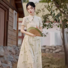 实拍 复古新中式竹子印花清冷感连衣裙