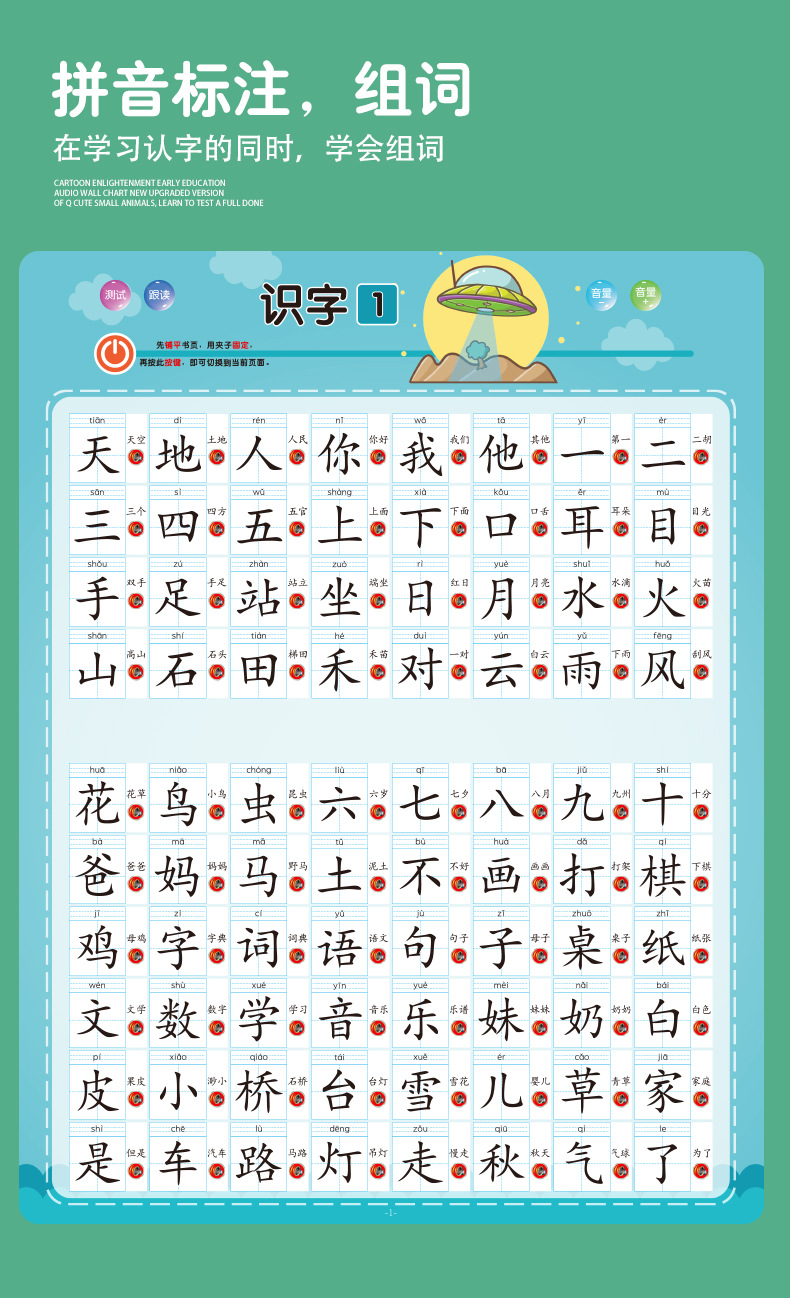 智慧鱼儿童识字1200点读有声挂图 早教启蒙学习汉字宝宝发声益智