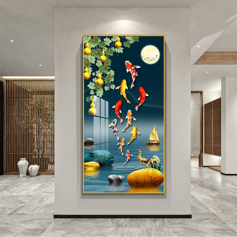 入户玄关装饰画正对门竖版挂画九鱼图轻奢客厅玄幻画走廊过道壁画