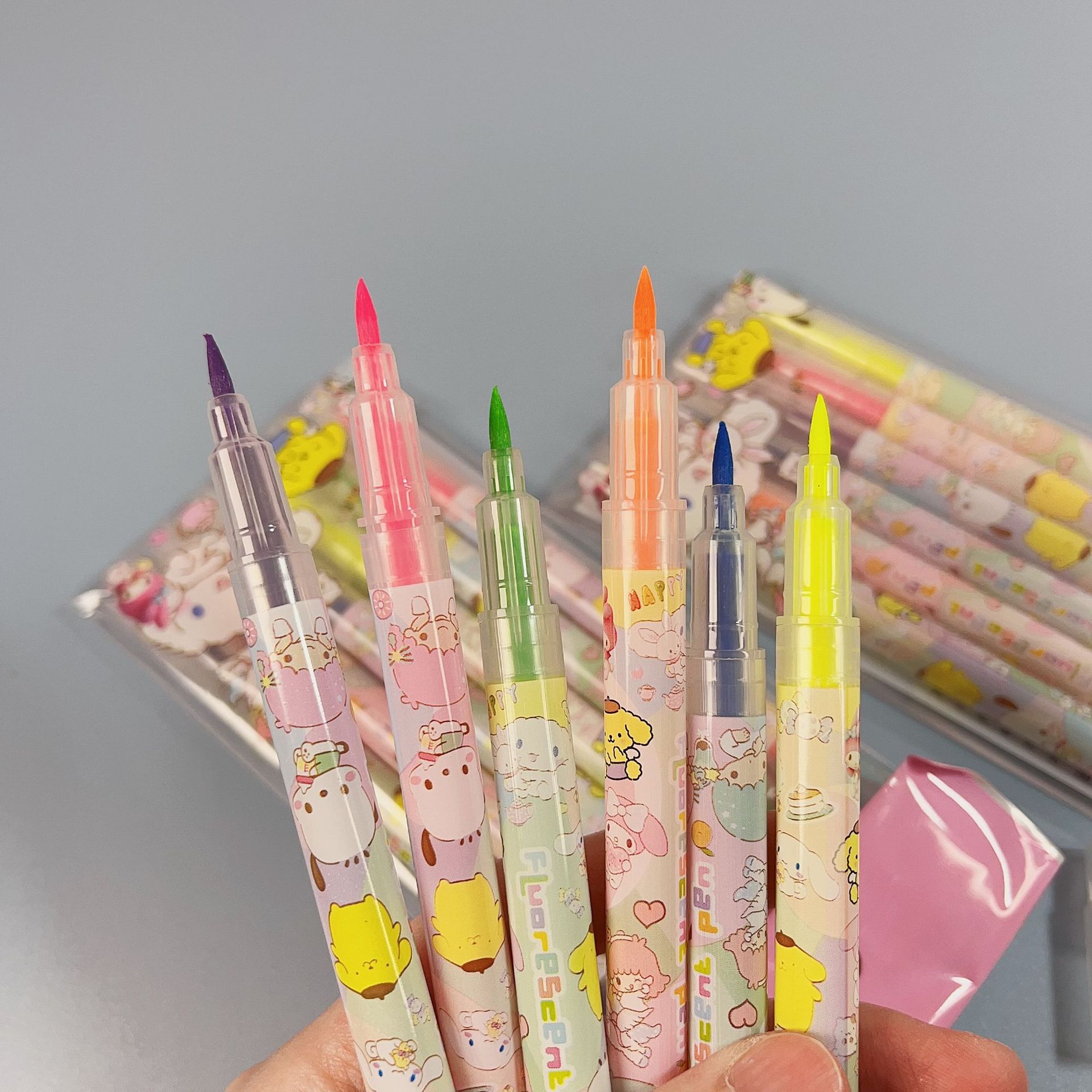 外贸三丽鸥6色粗细双头荧光笔手账笔糖果色水彩笔学生文具礼品