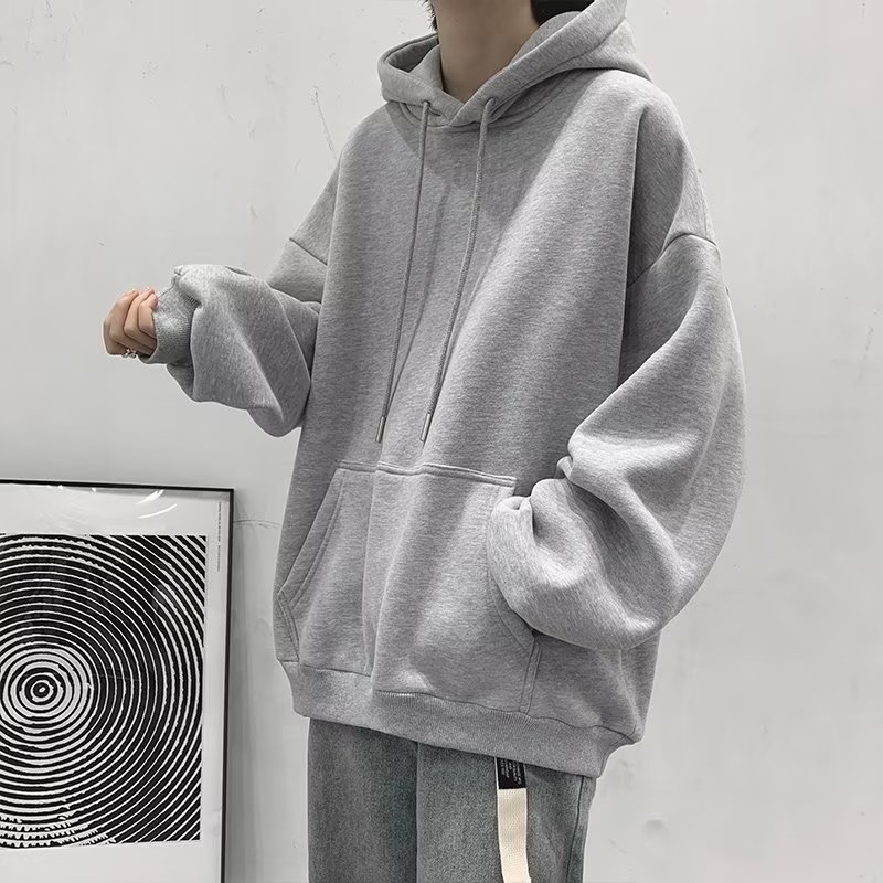 纯色连帽卫衣男春秋季灰色宽松百搭大码上衣服潮流高街男生外套