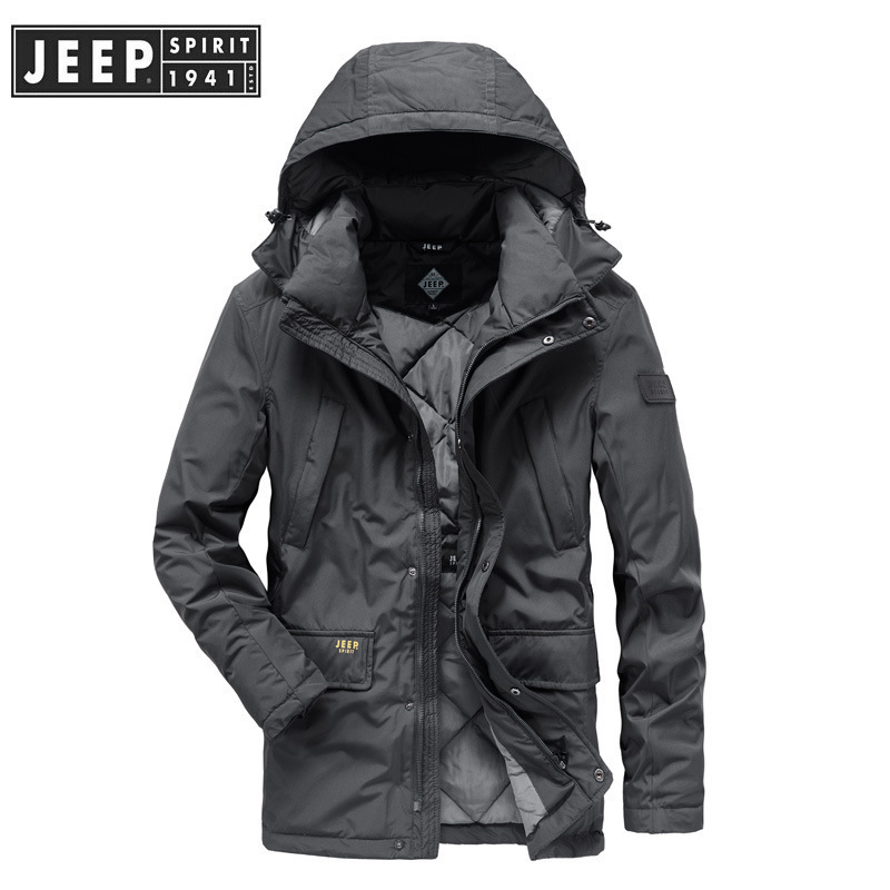 jeep spirit冬季新品男士商务休闲保暖连帽中长款羽绒大衣7118