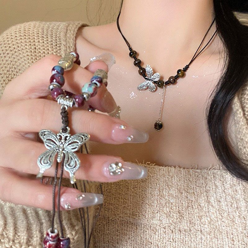 New Chinese Ceramic Beaded Butterfly Braided Rope Necklace Female 2024 Ethnic Accessories High Sense Clavicle Chain Jewelry