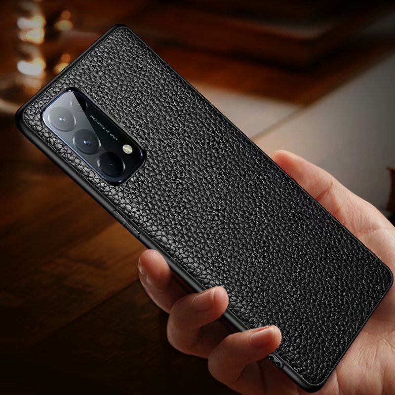 适用opporeno5荔枝纹贴皮手机壳reno5pro牛皮后壳5k防摔保护套