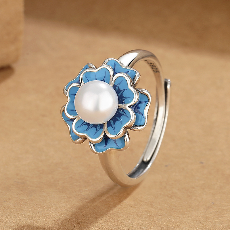 景泰蓝珐琅珍珠花朵戒指女复古文艺范气质民族风个性开口食指指环