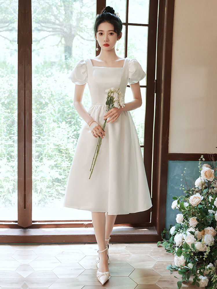 泡泡袖法式白色洋装小晚礼服女平时可穿领证小礼裙生日宴会晚礼服