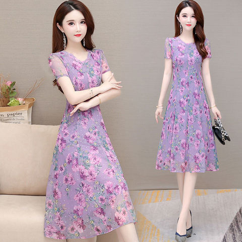 Printed Large Size Dress for Women Summer Mid-Year Mom Dress 2023 New Summer Figure Flattering Large Swing round Neck Dress