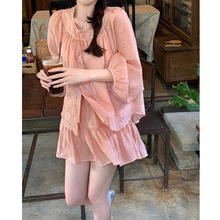 新中式粉色宽松圆领防晒衬衫女夏小个子天丝长袖上衣短裙长裙套装