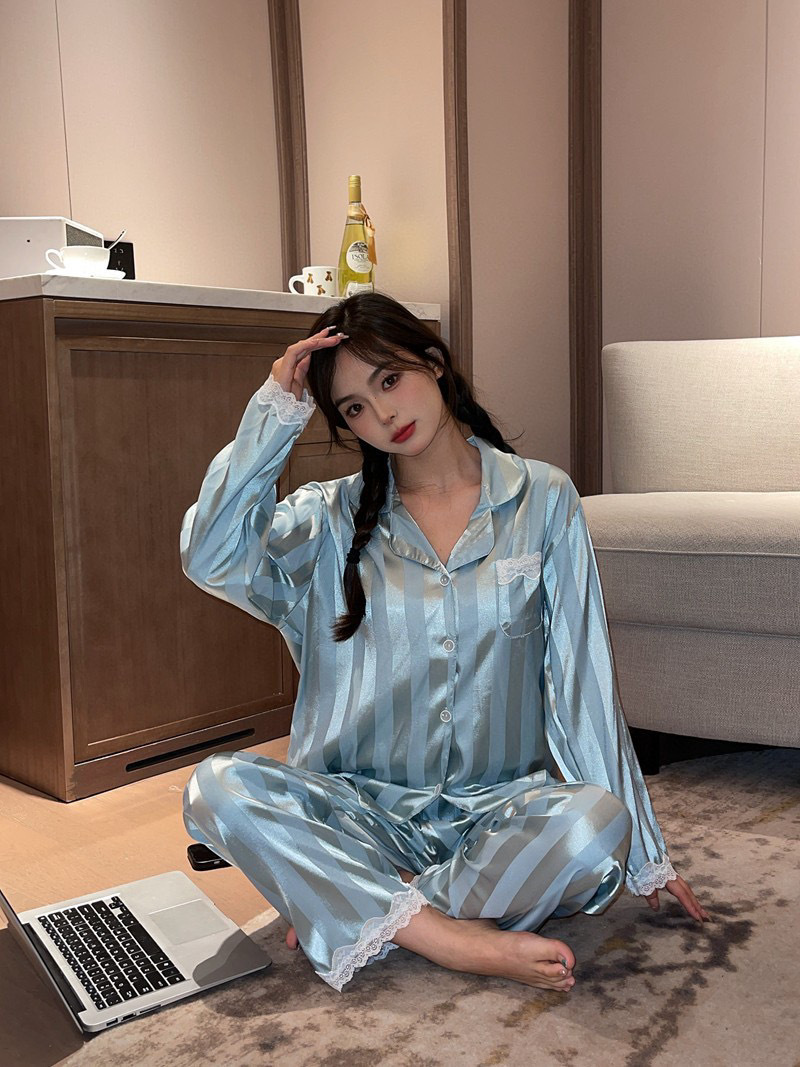 New Spring and Autumn Ice Silk Minimalist Long Sleeve Cardigan Pajamas Women's Korean-Style Light Luxury Solid Color Lace Breathable Home Clothing