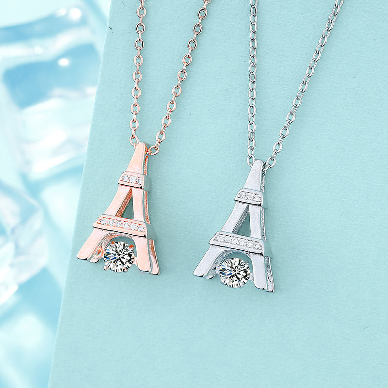 韩版跳动的心镶锆石项链女a字巴黎埃菲尔铁塔锁骨链情人节礼物