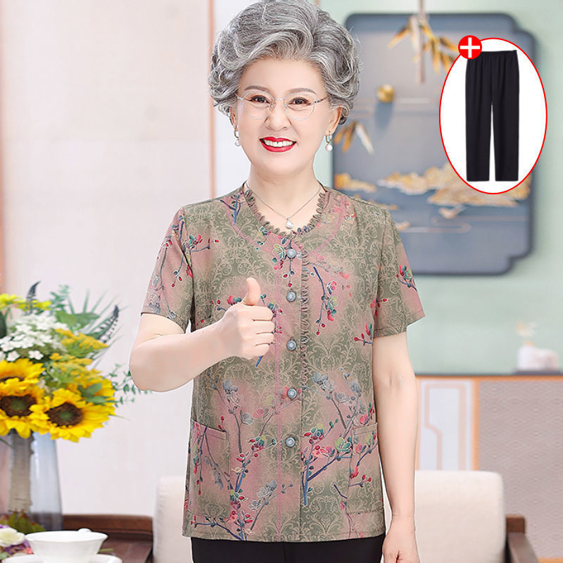 奶奶夏装套装冰丝衬衫中老年人夏季女装妈妈短袖衣服老人t恤70岁