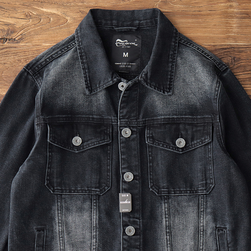 阿美咔叽重磅牛仔外套男美式复古机车工装夹克黑色水洗做旧外套男