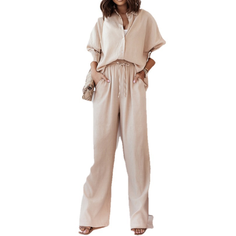 women clothes Cross-Border Fashion European and American Style Women's Summer New Casual Simple Solid Color Half-Open Collar Shirt High Waist Trousers Two-Piece Set