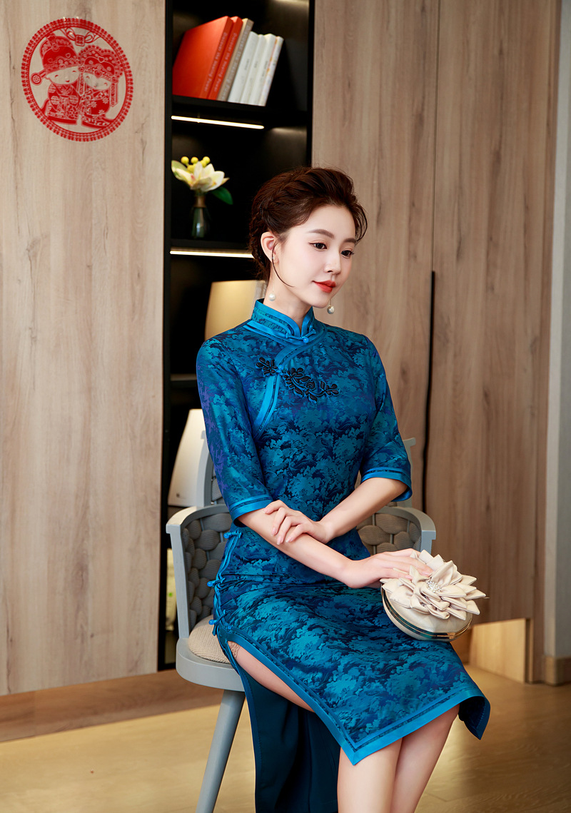 旗袍真丝苏州高档桑蚕丝连衣裙蓝色花萝长袖中长款贵夫人名媛批发