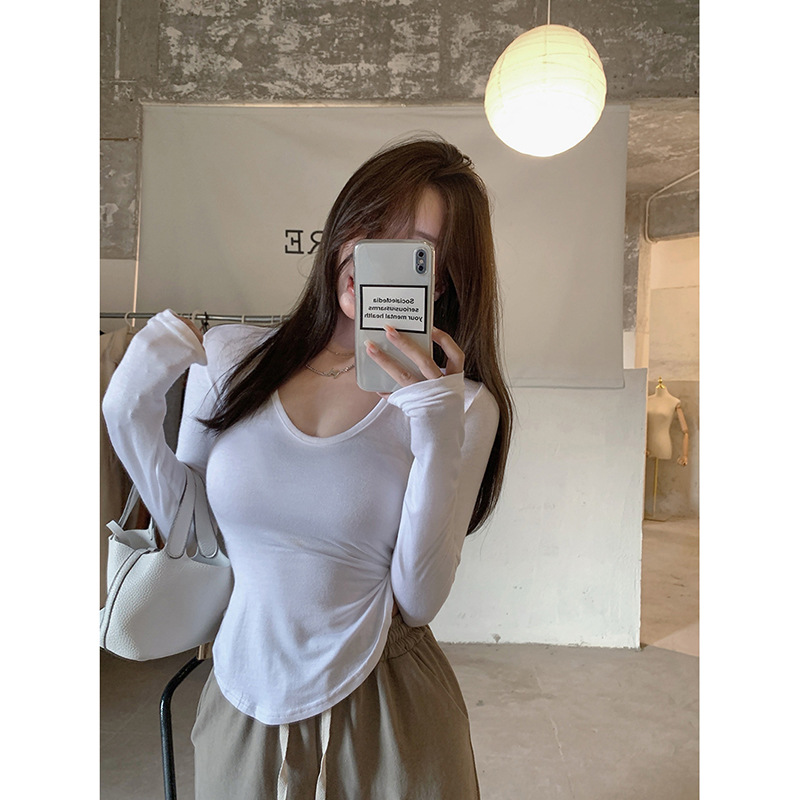 U-Neck Split Circular Lower Hem Bottoming Shirt Sexy Hot Girl Long-Sleeved T-shirt Top Women's Autumn Foreign Trade Wholesale Women's Clothing