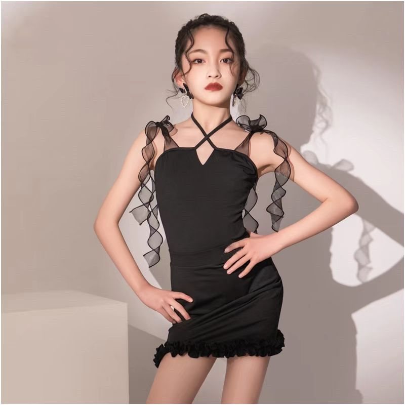 2024春夏季新款拉丁舞服儿童女黑色练功服女童少儿高档演出服套装