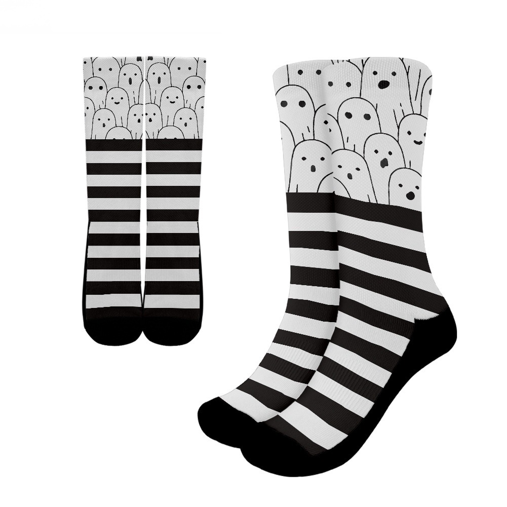 长款棉袜 条纹南瓜小鬼蜘蛛网印花万圣节周边时尚长袜可来图印刷