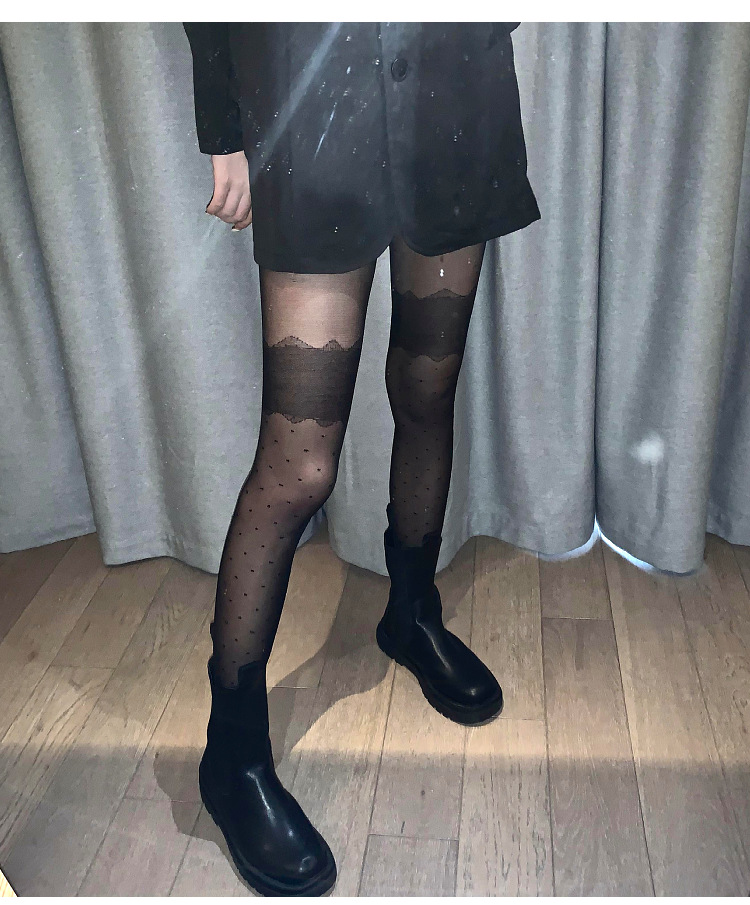 黑丝袜大腿蕾丝花边波点性感暗黑美腿打底连裤袜春夏秋薄款辣妹jk