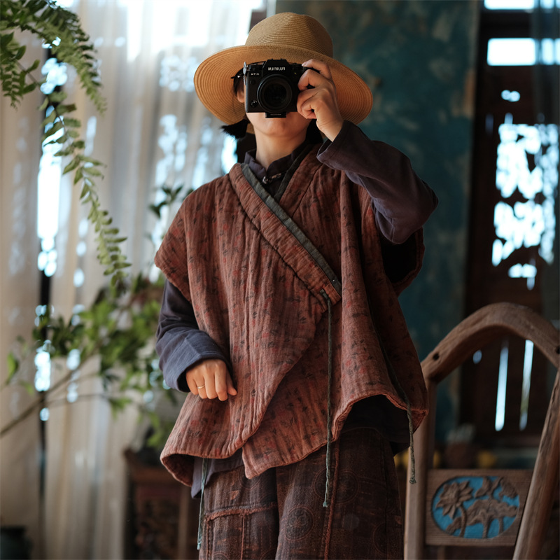 秋冬新款落古泥怀旧文艺纯棉宽松夹棉系带花坎肩2004黄縢酒