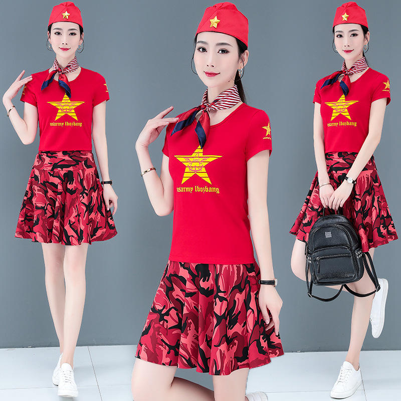 广场舞服装新款水兵舞短袖棉团队舞蹈演出跳操迷彩服水兵舞两件套