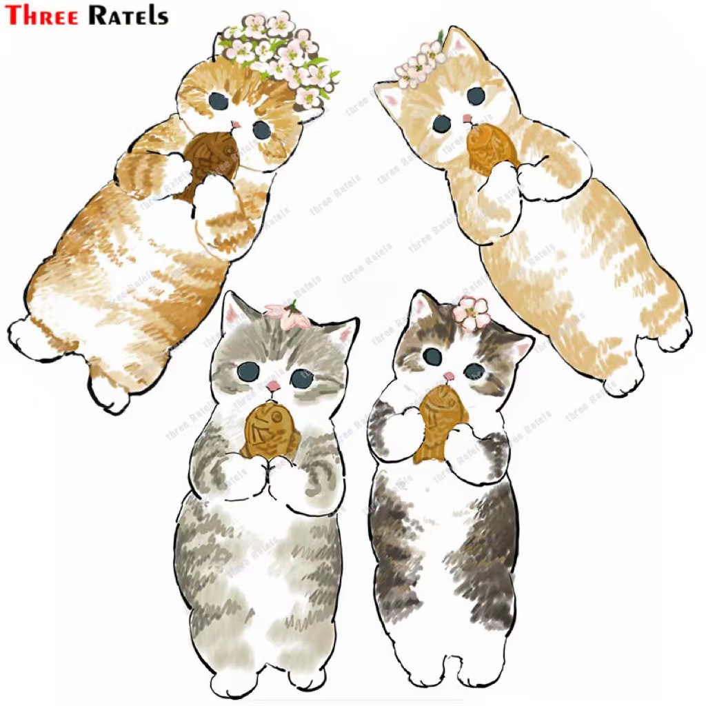 超萌q版可爱水彩猫吃鱼饼干车身贴儿童房间卧室装饰贴画防水通用